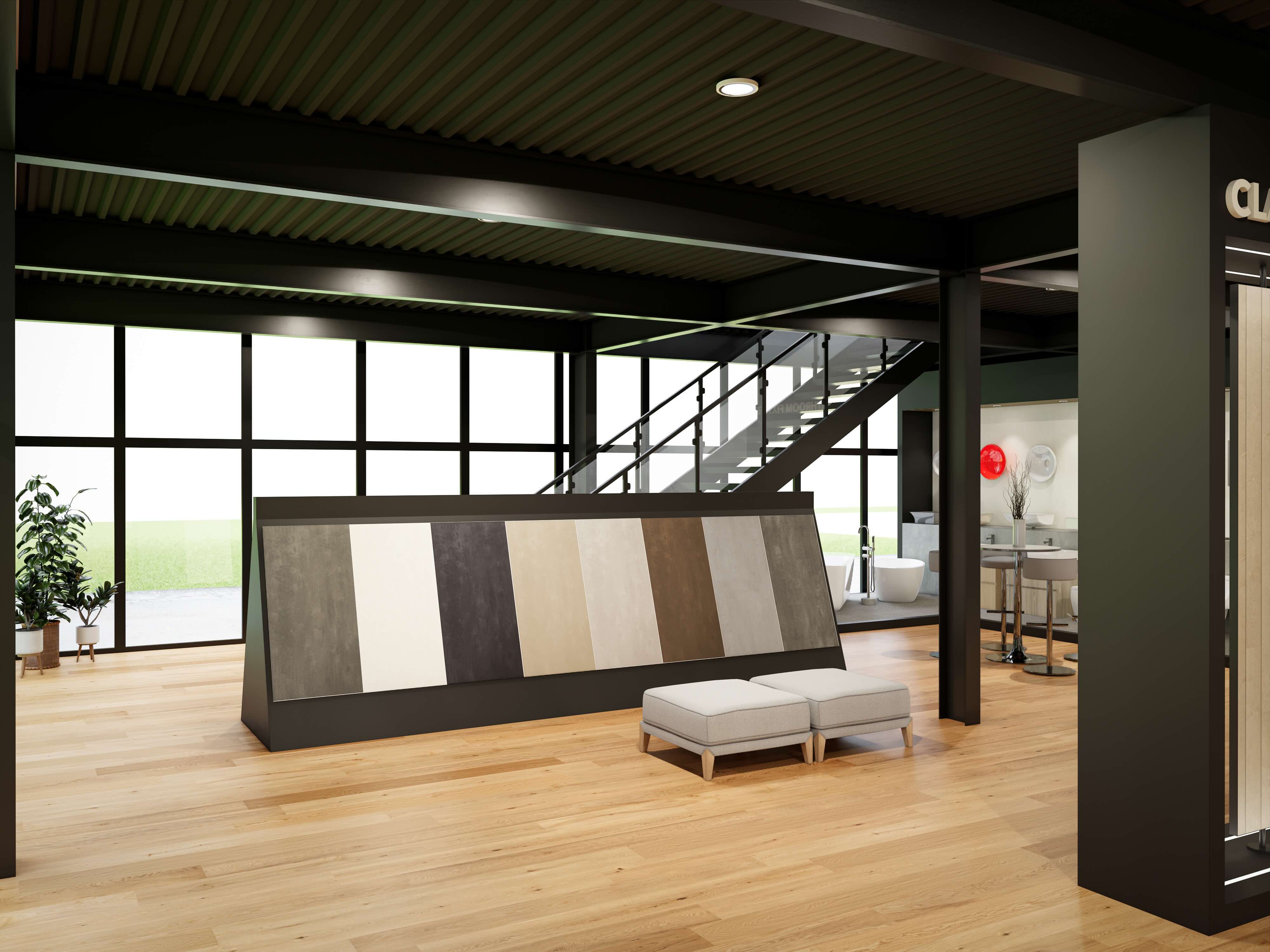 Showroom rendering — slab and tile materials display