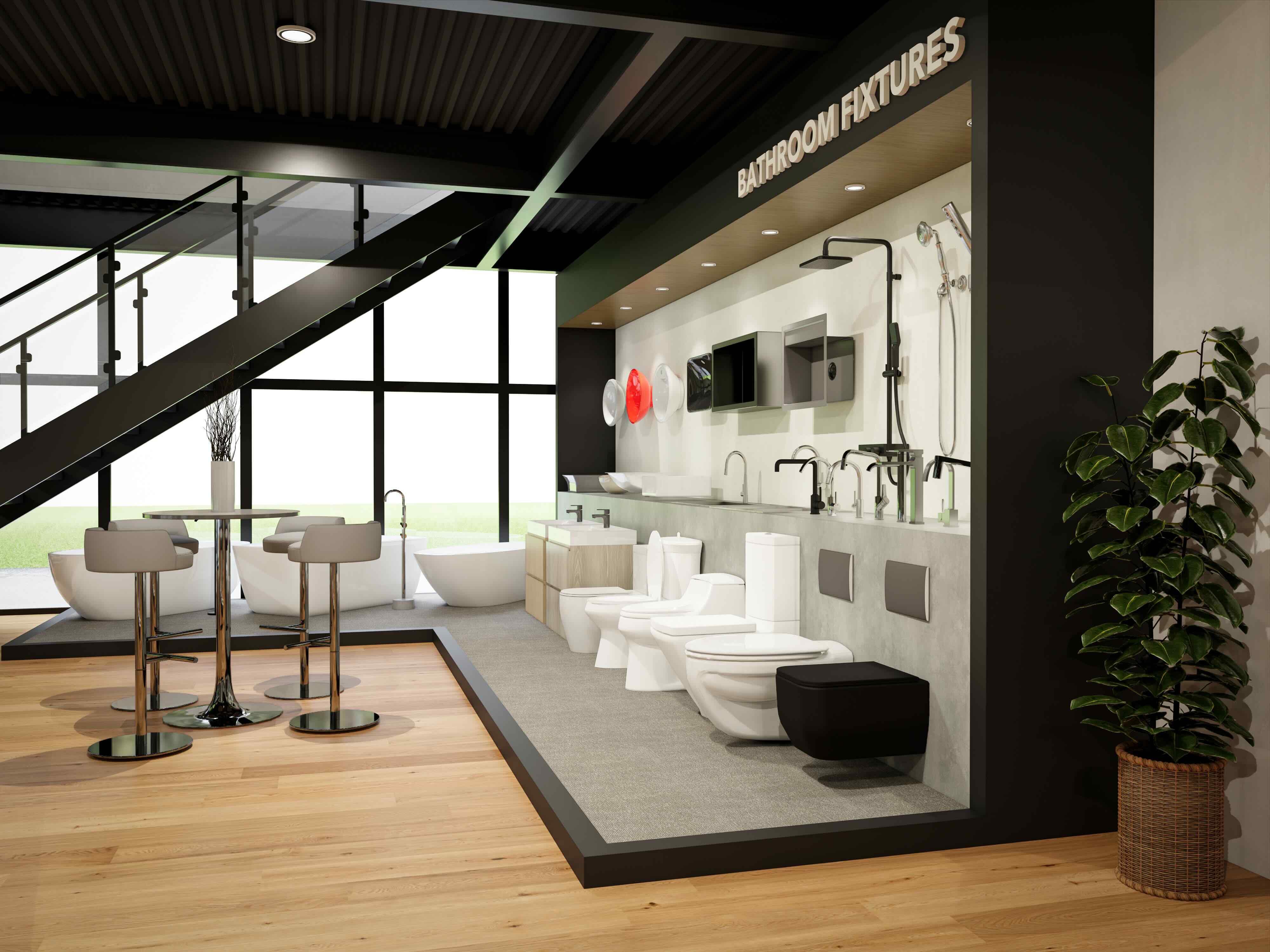Showroom rendering — bathroom fixtures display